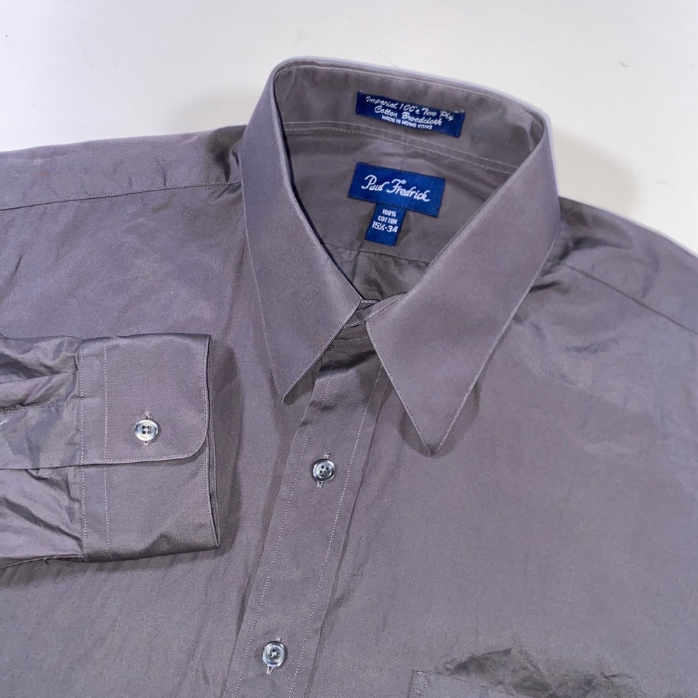 Paul Fredrick Mens Gray 100s Two Ply Cotton Broadcloth Dress Shirt 15.5-34 J215